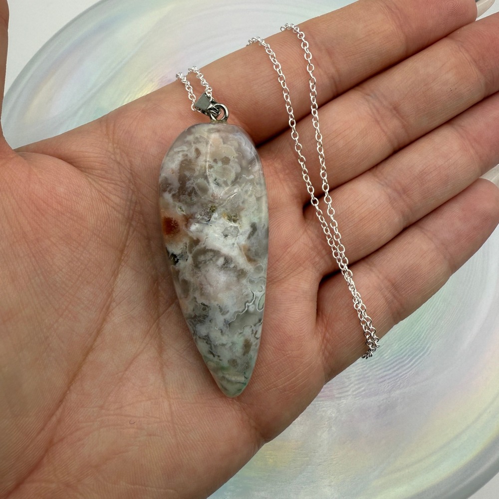 Flower Agate Pendant‎ Necklace Teardrop Stone Silver Chain Women's Jewelry
